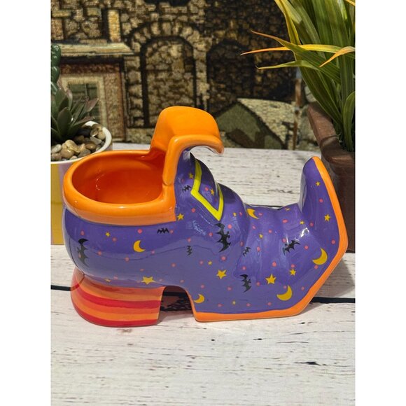 Ceramic Halloween Witch Boot Planter/Vase Purple & Orange - Picture 2 of 8